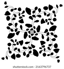 Ornamento floral rectangular con ramas florecientes. Silueta negra de fondo blanco.