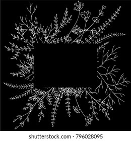 Rectangular Flower frame. Frame with flowers, plants, grass, fern. Stylized black and white drawing. Isolated on black background