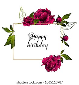 Rectangular Flower frame made of peonies and leaves and golden line. Mockup for design on white background