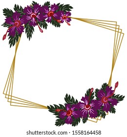 Rectangular flower frame template with decliner pink purple flowers green leaves illustration design vector.