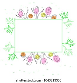 Rectangular flower frame. Vector illustration of tulips and daisies