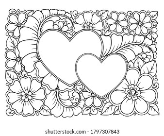 Rectangular flower pattern with frame in shape of heart. Decorative ornament in ethnic oriental mehndi style. Outline doodle hand draw vector illustration. Antistress coloring book page.