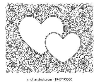 Rectangular flower pattern with frame in shape of heart. Decorative ornament in ethnic oriental mehndi style. Outline doodle hand draw vector illustration. Antistress coloring book page.