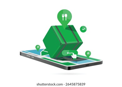 Rectangular food bag or green box for delivery drivers is placed on smartphone with a GPS map app and pin indicating the customer's location, vector 3d isolated for food delivery advertising design