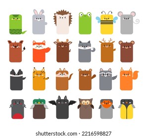 Rectangular forest animal faces icon set isolated on white. Cute cartoon elongated square shape kawaii kids avatar character collection. Vector flat clip art illustration mobile ui game application.