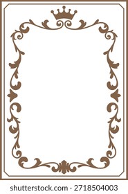 Rechteckiger Rahmen mit abstrakten goldenen Vintage-Drallen und einer Krone auf der Oberseite, Barock-Stil. Geeignet für Einladungen, Postkarten, Zertifikate, Menüs oder Visitenkarten. Flache Vektorgrafik.