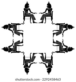 Rectangular frame with ancient Egyptian men sitting on chairs. Black and white silhouette. Isolated vector illustration.