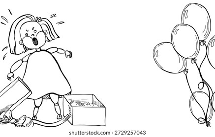 Un marco rectangular con una chica enojada y gritando sobre una caja de regalo. Ilustración vectorial para invitaciones de cumpleaños, diseños de libros para niños e interiores de guarderías