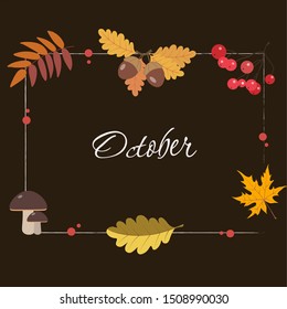 
Rectangular frame of autumn leaves. Autumn leaves and berries on a dark background. Greeting card, invitation, banner.