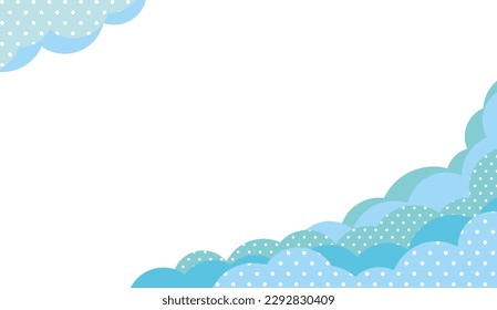 Rectangular frame banner with light blue cloud shapes and cute dot pattern. Text can be added on a white background.