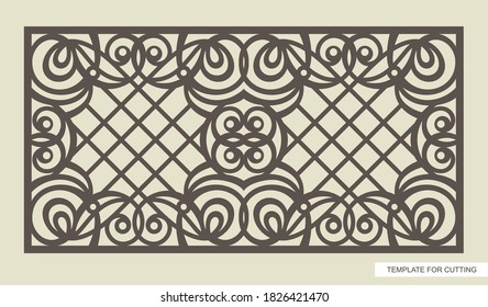 Rectangular frame with a beautiful openwork pattern and a lattice inside. Template for laser cutting (cnc), wood carving, paper cut or printing. Vector illustration.