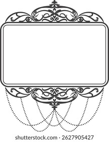 A rectangular frame boasts ornate floral top and bottom borders.  The decoration includes a central motif and dangling bead chains for a luxurious look. Cartoon vector illustration