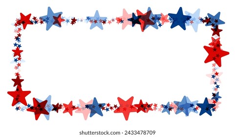 A rectangular frame bordered with a vibrant assortment of red and blue stars, perfect for American-themed announcements or celebrations.