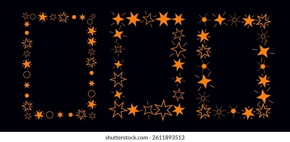 Rectangular frame of bright stars. Collection of geometric shapes decorated with orange stars. Modern framing art, cosmic space, minimalist bright border. Vector illustration.