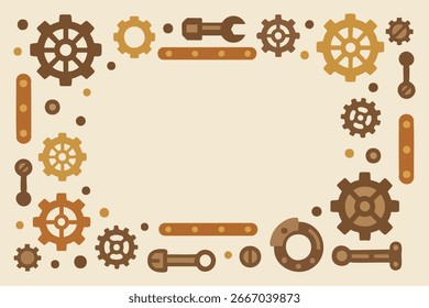 Rectangular frame built from gears pipes and hardware pieces creating an industrial look around a pale center area.