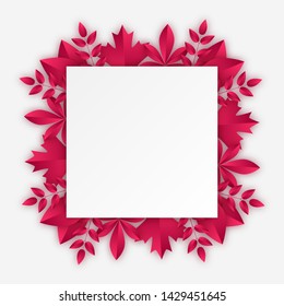 Rectangular frame with burgundy autumn leaves. Vector illustration in paper cut style with realistic shadows. All elements are easy to edit.
