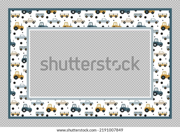 Rectangular frame with car for holiday\
invitation card. Cartoon transport pattern. Funny children\'s\
picture frame. Scandinavian kids design for border poster, board\
game cards, congratulatory\
postcard