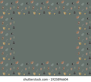 The rectangular frame of cartoon baby rhinos, western gorillas, boas constrictor, okapis, South American noses, tapirs, rainbow toucans, spider monkeys, gray parrots, leopards. Gray background. Vector