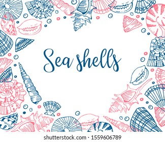 Rectangular frame with cartoon seashells. Hand drawn outline vector sketch illustration on white background