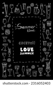 Rectangular frame clipart with acoholic and non-acoholic cocktails with text for bar menu design, banners, packaging or advertising. Vector illustration. Isolated on black background. Doodle style