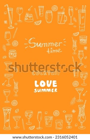 Rectangular frame clipart with acoholic and non-acoholic cocktails with text for bar menu design, banners, packaging or advertising. Simple, modern vector illustration. Isolated on colorful background