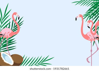 Rectangular frame with coconut, palm leaves and pink flamingos. Copy space for design. Flat style. Vector illustration.