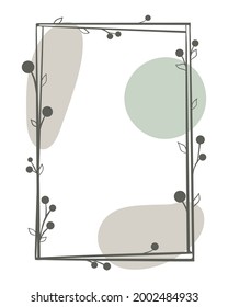 Rectangular frame with colored spots, vector illustration. Minimalistic shape with leaves and berries, hand drawing. Botanical natural rim.