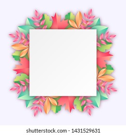 Rectangular frame with colorful autumn leaves. Vector illustration in paper cut style with realistic shadows. All elements are easy to edit.