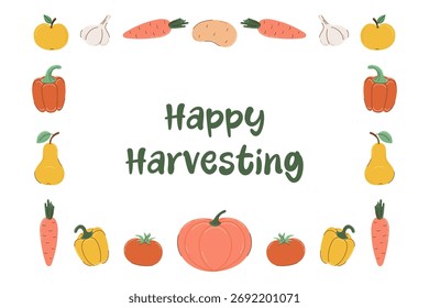 Rectangular frame of colorful vegetables and fruits in flat style with partial outline. Inscription Happy Harvesting. Autumn and harvest concept. Vector illustration.