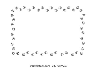 Rectangular frame with contoured pet paw print. Black silhouette of a path of dog or cat footprints . Frame with pet footprints for design of shop windows, websites, etc. Vector illustration.