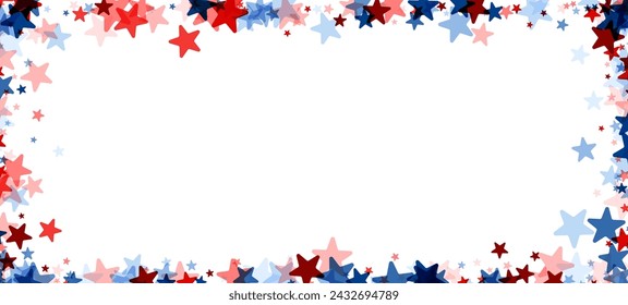 Un marco rectangular con esquinas densamente pobladas por estrellas rojas y azules, creando una frontera patriótica para varias celebraciones estadounidenses.