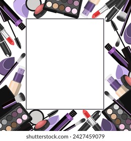 Marco rectangular de rímel cosméticos, sombra de ojos, lápiz labial, rubor, pinceles, base, esponjas sobre un fondo blanco. Marco vectorial para envases de cosméticos, banners, protectores de pantalla.