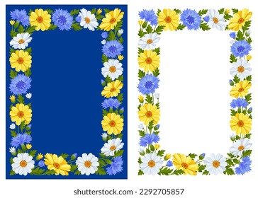 Rectangular frame with cute pattern of blue cornflowers, yellow and white daisy flowers, leaves and buds isolated on a white and blue background. A4 aspect ratio. Vector illustration