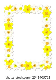 Moldura retangular de narcisos ou narcisos isolados no branco. Flores de desenhos animados amarelas e brancas, borda de forma retangular. Clipart de vetor, modelo vazio para design de Páscoa e primavera, cartão de saudação.