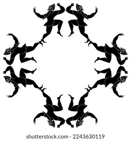 Rectangular frame with dancing ancient Etruscan men. Black and white negative silhouette.