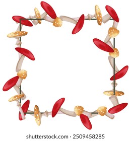 Quadro retangular de cor verde-escura decorado com cogumelo para o projeto da tampa, texto, post, convite. Cogumelos com capas vermelhas e amarelas sobre uma haste longa, cogumelos grandes e pequenos