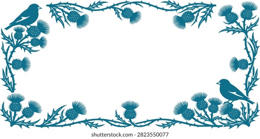 A rectangular frame decorated with blue thistle flowers and two small birds, providing a central space on a white background.