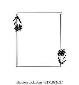 The rectangular frame is decorated with flowers in a minimalist style. Vector illustration of line art.