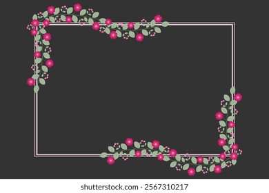 Rectangular Frame Decorated With Love Pink Fuchsia Flowers And Green Leaves