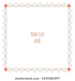 Rectangular frame for decorating Easter illustrations. Rabbits hold on to each other. Frame with hearts. Vector outline illustration. Minimalist styling.