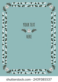 Rectangular frame for decorating Easter illustrations. Set of speckled eggs. Dividers for decoration. Vector outline illustration. Willow branches with flowering earrings. Easter bunny portrait.