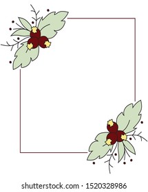 Rectangular frame with decorations of leaves, berries and branches in the corners. Simple style. Hand drawing