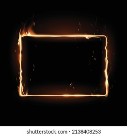 Rectangular frame drawn with a fiery line on a dark background. A special transparent smoke effect. Highly realistic illustration.