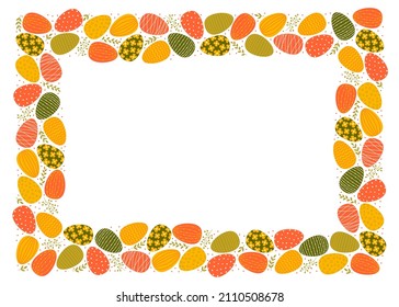 Rectangular frame of easter decorated eggs and leaves. Yellow, red and green eggs in flat style. Isolated vector illustration 