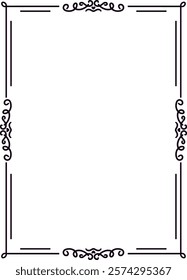 Rectangular frame with elegant lines and flourishes at each corner creating a sophisticated border around an empty white space, ideal for invitations, announcements, or certificates