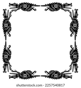 Rectangular frame with fantastic crocodile monsters. Native American animal design of Aztec Indians from Mexican codex. Black and white negative silhouette.