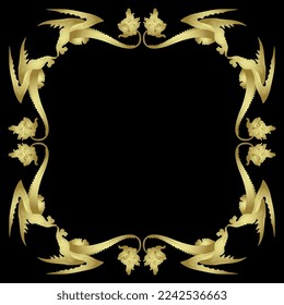Rectangular frame with fantastic medieval winged dragons. Gothic illuminated manuscript design. Golden glossy silhouette on black background.