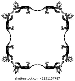 Rectangular frame with fantastic monster animals. Native American art of Aztec Indians from Mexican codex. Black and white silhouette.
