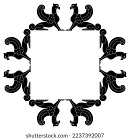 Rectangular frame with fantastic winged griffins. Black and white silhouette.