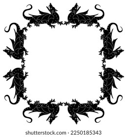 Rectangular frame with fantastic winged medieval dragons. Black and white silhouette.